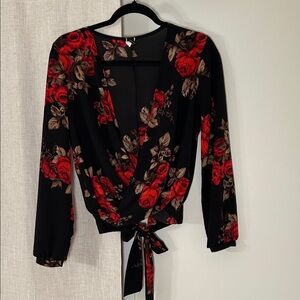 Windsor Black and Red Floral Wrap Blouse